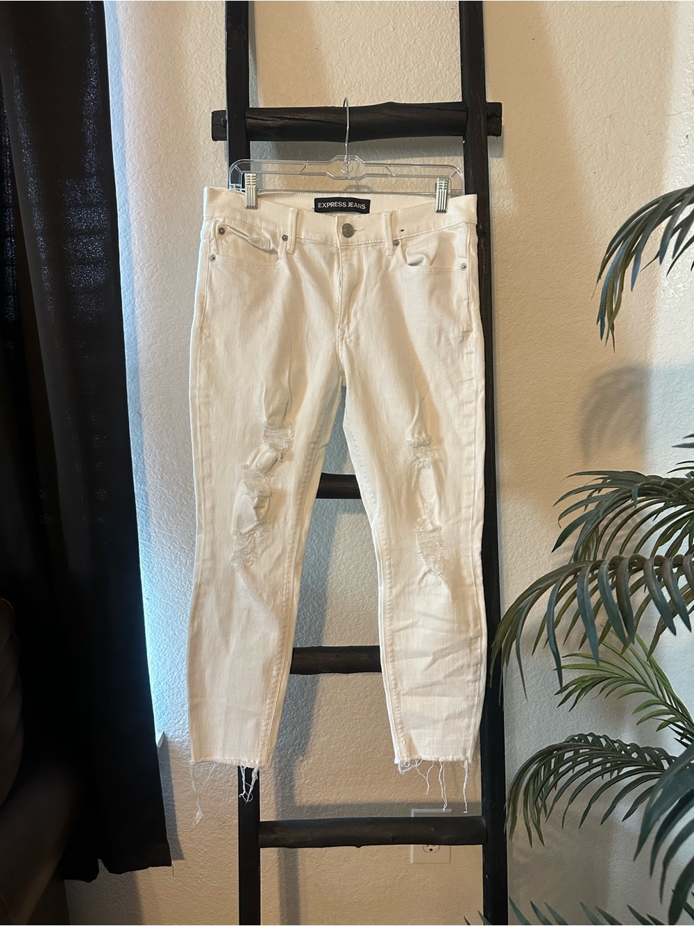 Express White Distressed Slim Straight Jeans for Women